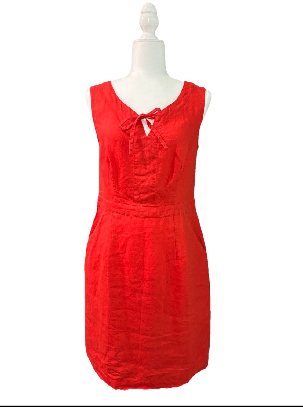 Boden Sheath Dress Womens US 4L Tall Orange Linen Knee Pockets Length Coastal